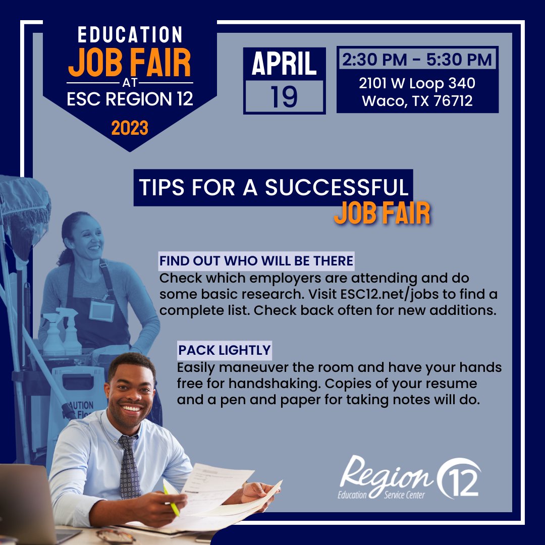 Our goal isn't just to invite you to our 2023 Education Job Fair. We want to make sure you have a successful time with us! Check out some tips below for you to use this April 19, from 2:30-5:30 pm. Like🔍find out who will be there (esc12.net/jobs) and💼bring essentials.