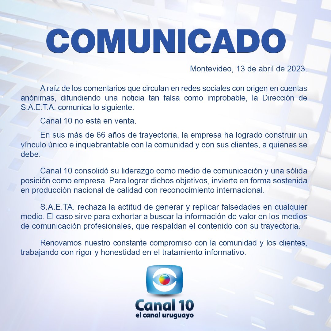 Subrayado's tweet photo. Comunicado de Canal 10. https://t.co/nExtBs16lG