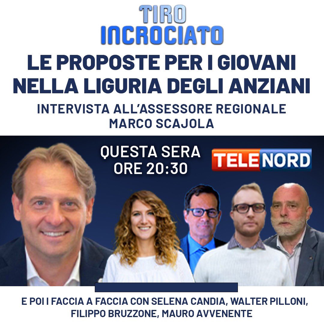Telenord's tweet image. Questa sera una nuova #puntata di #TiroIncrociato su @Telenord 

Si parlerà delle #proposte per i #giovani nella #liguria degli #anziani con l’assessore regionale @ScajolaM. 

📌Dalle 20:30