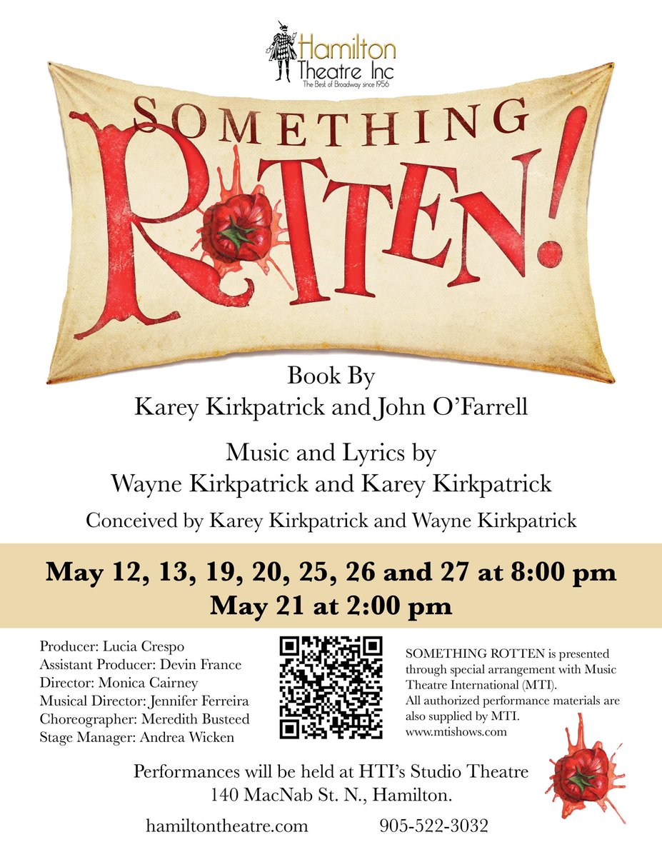 HamiltonTheatre's tweet photo. Join us next month for the Greater Hamilton and Toronto area debut of the outrageous, crowd-pleasing Tony Award-nominated musical, Something Rotten! Get tickets online at https://t.co/uw1zDaaplU Something Rotten runs at HTI for 8 performances from May 12th-27th.
#HamOnt #HamArts https://t.co/tximUlgsN2