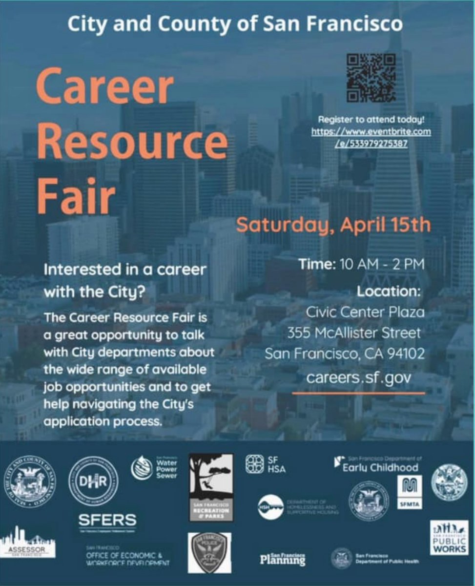 City of San Francisco (@sfgov) on Twitter photo Interested in a career with <a href="/sfgov/">City of San Francisco</a> ? Come to <a href="/CivicCenter/">CivicCenter</a> for the #CareerResourceFair, a great chance to talk with City departments & learn about opportunities about in public service on 4/15 starting at 10am.
For more information: eventbrite.com/e/city-county-… Interested in a career with <a href="/sfgov/">City of San Francisco</a> ? Come to <a href="/CivicCenter/">CivicCenter</a> for the #CareerResourceFair, a great chance to talk with City departments & learn about opportunities about in public service on 4/15 starting at 10am.
For more information: eventbrite.com/e/city-county-…