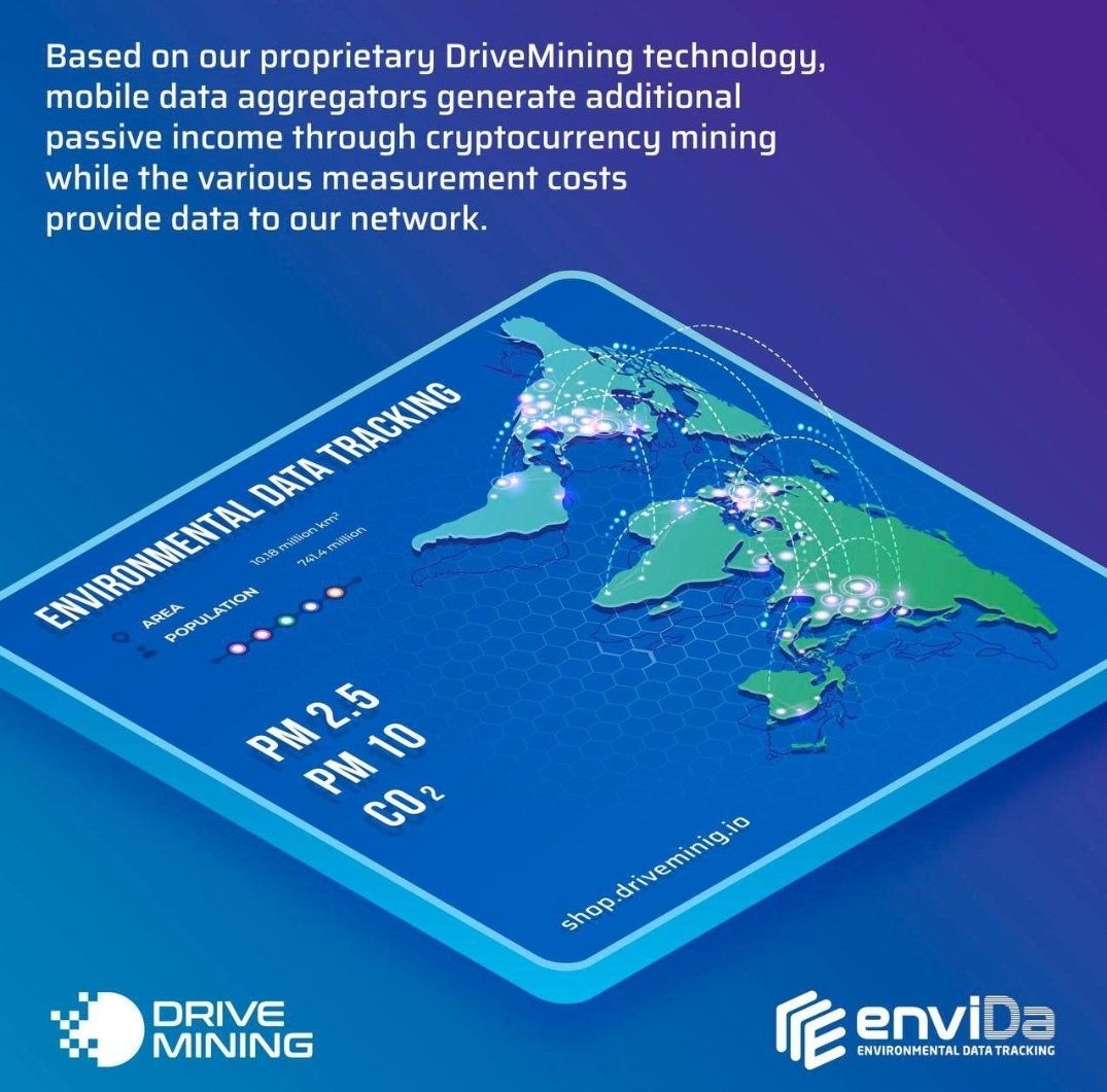 Basierend auf unserer proprietäre DriveMining-Technologie generieren mobile Datenaggregatoren (Miner, Sensor) zusätzliches passives Einkommen durch Krypto-Mining, während die verschiedenen Messkosten, Daten für unser Netzwerk bereitstellen.

#envida
