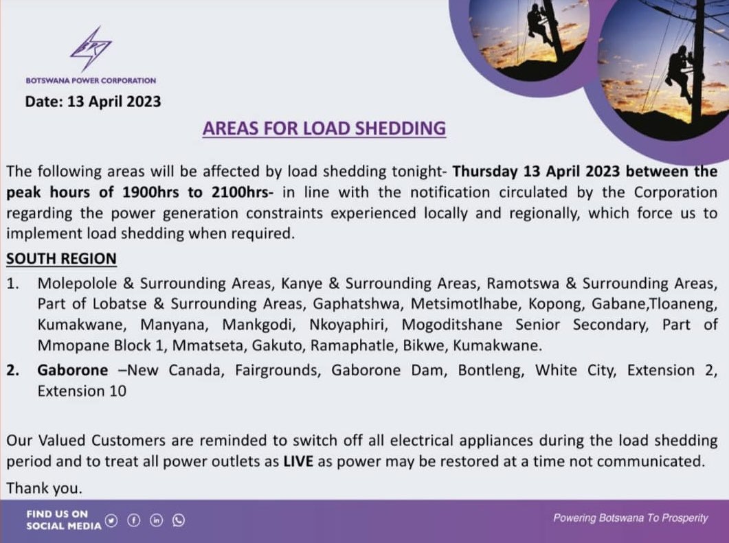 BPCBw's tweet photo. Areas for Load Shedding. https://t.co/0xF2FnIX0P
