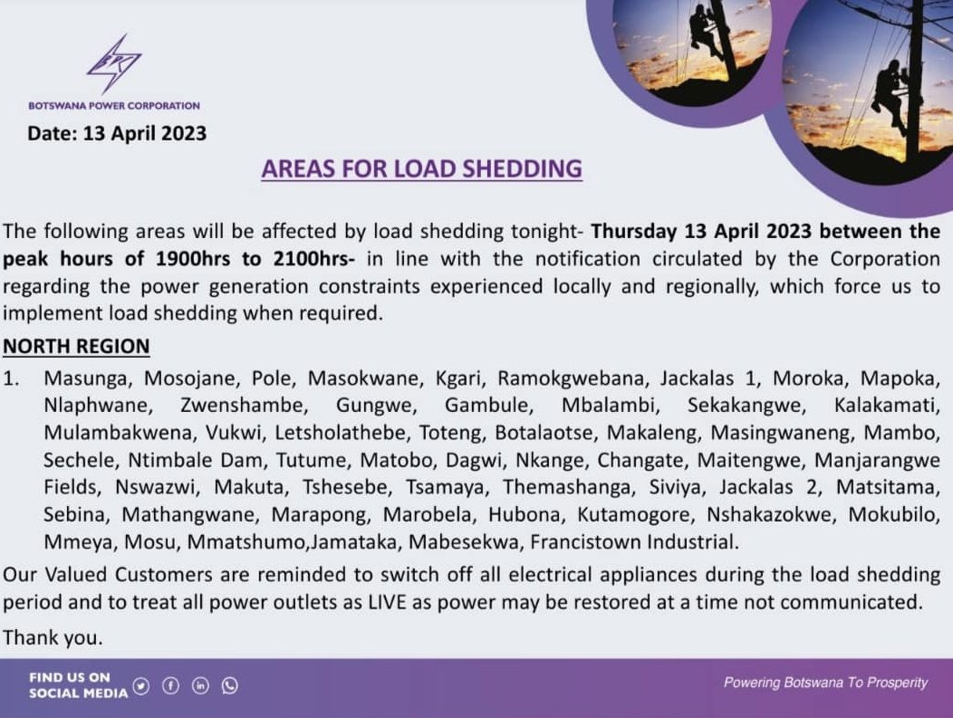 BPCBw's tweet photo. Areas for Load Shedding. https://t.co/0xF2FnIX0P