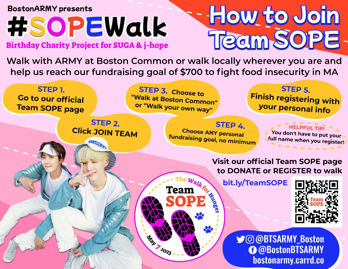 BTSARMY_Boston's tweet photo. The #WalkforHunger is returning to Boston on May 7th!

We're forming an ARMY team to walk &amp; raise money to reduce food insecurity as part of our SUGA &amp; j-hope #SOPEWalk project

👣 JOIN #TeamSOPE to walk on May 7th
🤝 DONATE to our goal of $700

Visit >> https://t.co/49wDsyjTOD https://t.co/AsnZEL8Nta