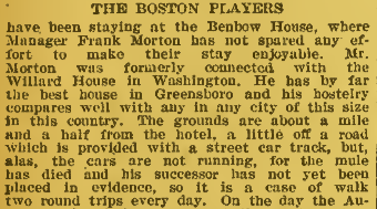 jamesleegilbert's tweet image. Boston Beaneaters (Braves) had spring training in Greensboro, NC in 1898. Ordinarily they'd be transported to the park by the mule-drawn streetcar railway. Unfortunately, the mule died. (The Sporting Life, 4/2/1898) #GreensboroAthleticPark #ForgottenFields