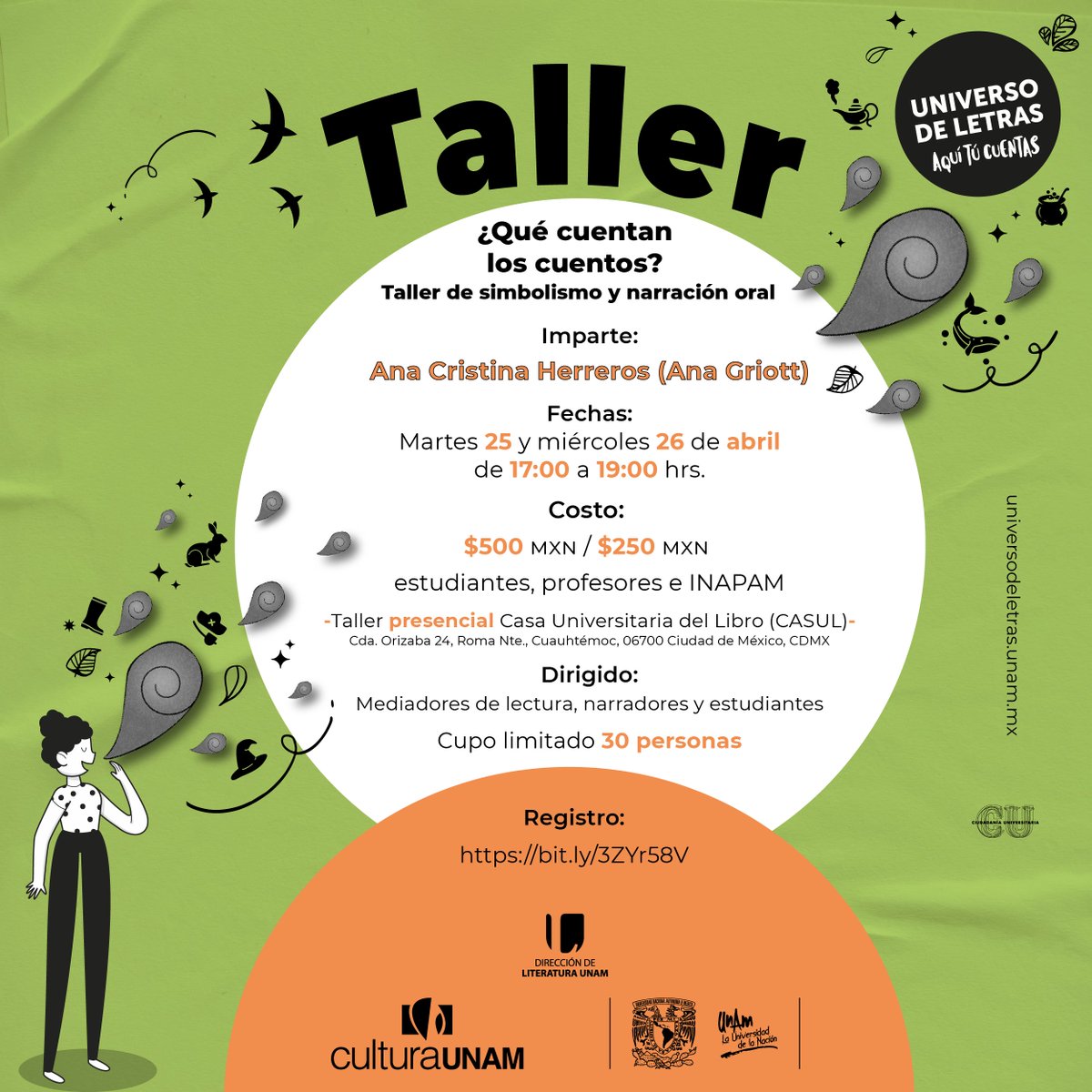 ¿Qué cuentan los cuentos? ¿Qué cuentan los que cuentan?

Te invitamos a este taller PRESENCIAL sobre simbolismo y narración oral con la estupenda narradora <a href="/anagriott/">Ana C. Herreros</a> 

🗣 Registro: bit.ly/3nZCYhl
📍 <a href="/casulunam/">Casul UNAM</a>