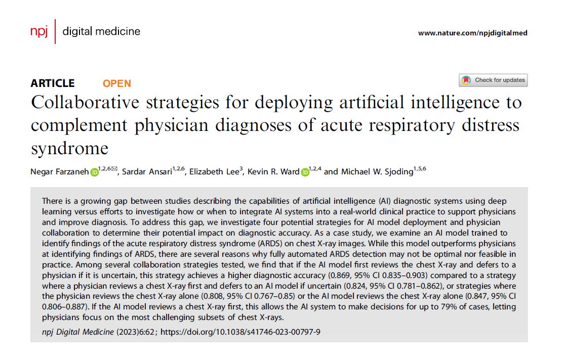 Of 4 collaboration strategies to deploy #AI for the diagnosis of ARDS from chest XR, the most accurate is to allow AI review the XR first & defer to the physician if uncertain. 79% of cases were decided by AI - significantly reducing physician workload. nature.com/articles/s4174…