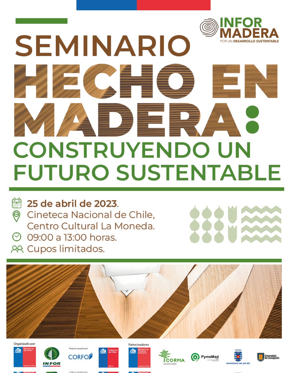 🪵Atención todas y todos invitados a participar del Seminario “Hecho en madera: construyendo un futuro sustentable”, 25 de abril, Cineteca Centro Cultural La Moneda,
🕘 De 09:00 a 13:00 horas. registrarte en
➡️bit.ly/40UukPp