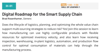 jamesvgingerich's tweet photo. #ManufacturingInAmerica.  Coming up at 1pm. Digital Roadmap for the Smart Supply Chain. DI-01.  #MiA23 #Manufacturing https://t.co/Z4rSxPTka9