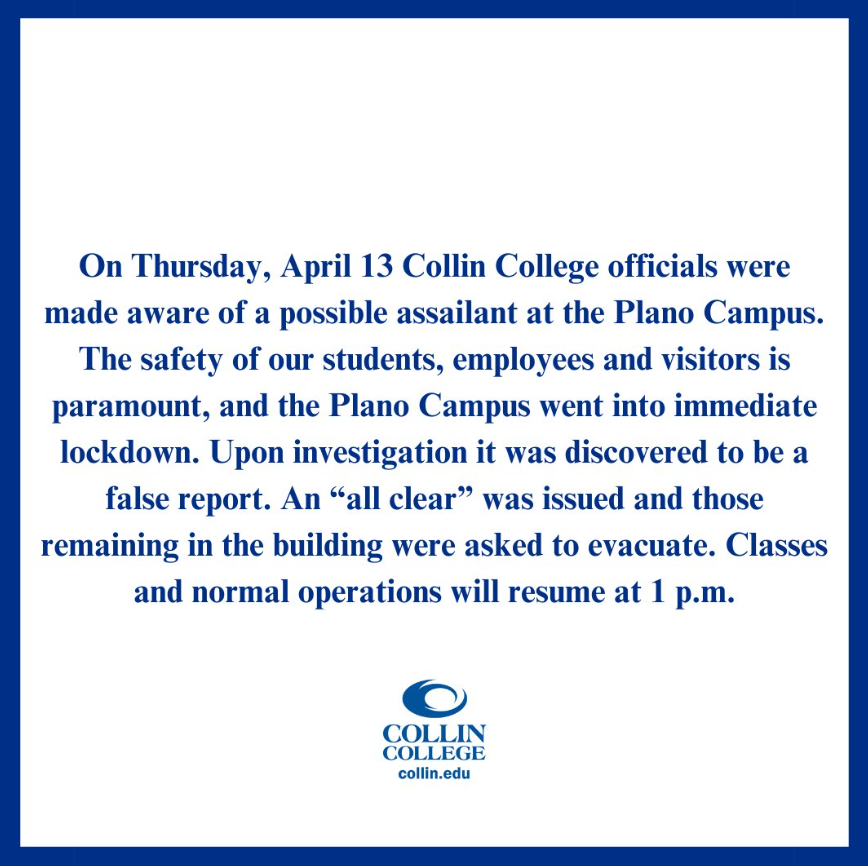 #BREAKING - Plano, Texas 

More hoax active shooter calls today. 

Collin College Plano Campus (@collincollege) was just in lockdown for what was determined to be a fake 'swatting' call. 

#Plano #PlanoTX #Texas #CollinCounty #CollinCountyTX #CollinCollege #Swatting
