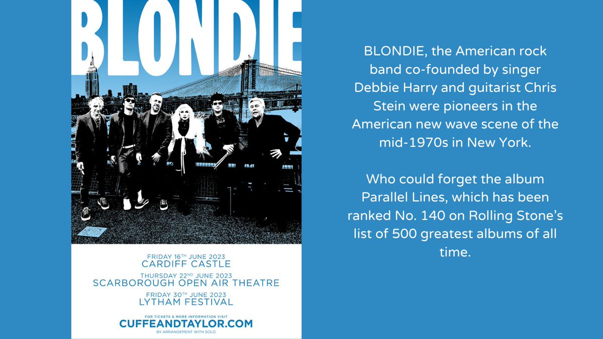 ArtsJunkies's tweet photo. BLONDIE - 3 dates in the UK ...
Here's your chance to hear to see them in action ...
TICKETS & FURTHER INFO: from the Cuffe and Taylor website.
#blondie #debbieharry #ukdates #parallellines #newwavescene #chrisstein #sundaygirl
She's also playing at The Isle of Wight of Festival https://t.co/VESx8qSduf