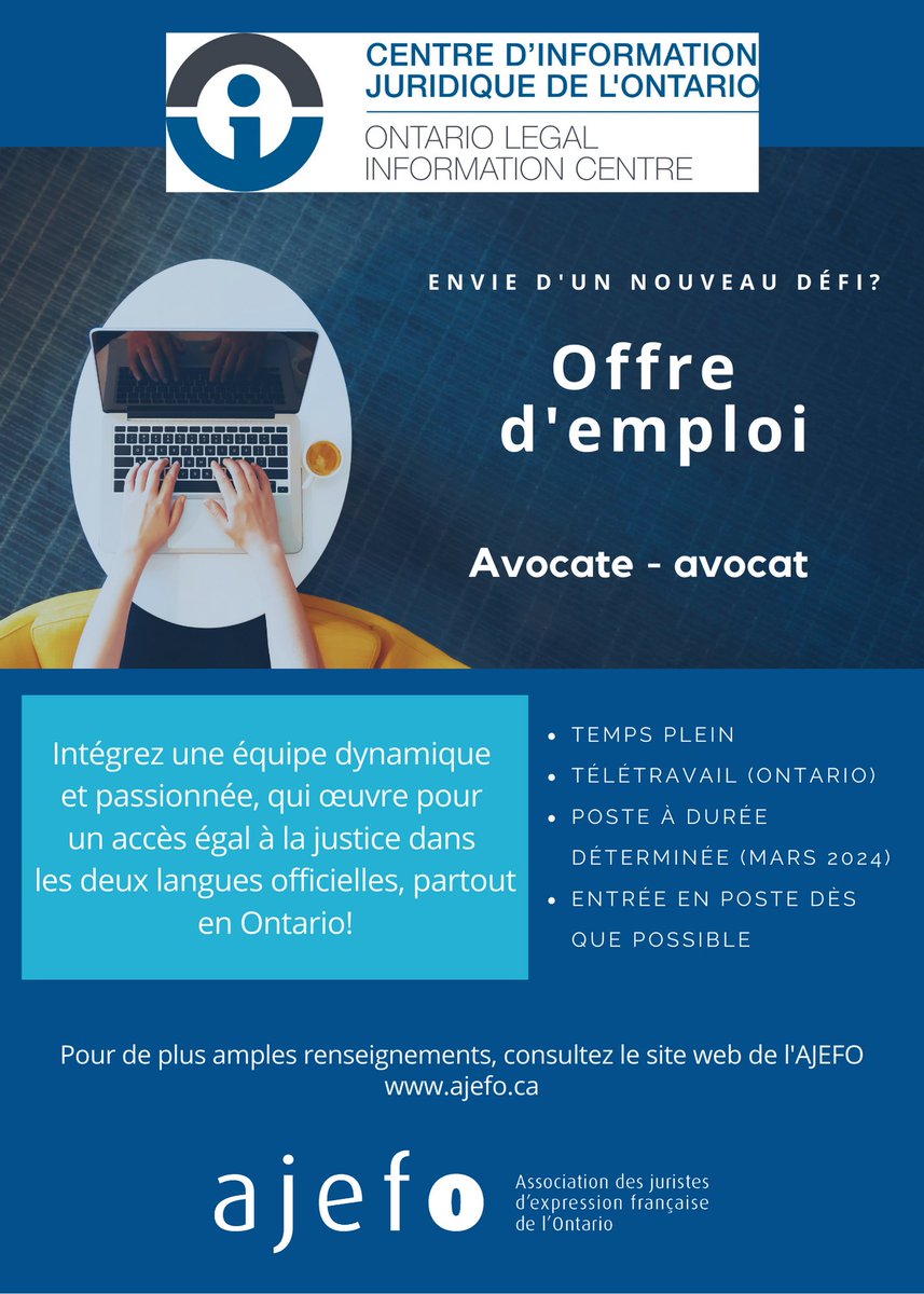 InfojuridiqueON's tweet photo. 📣Envie de relever des défis et d’intégrer une équipe dynamique et passionnée, qui œuvre pour un accès égal à la justice dans les deux langues officielles, partout en Ontario? @InfojuridiqueON recrute un.e avocat.e #bilingue, en #télétravail, à #tempsplein
https://t.co/GOe2JfwYaN https://t.co/nPhwDPCVrO
