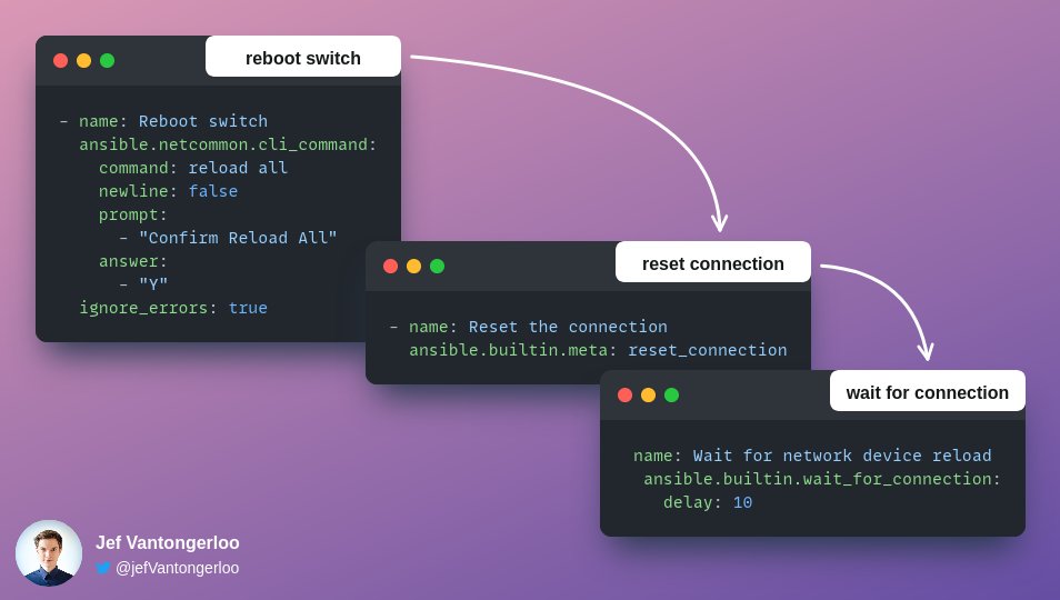 jefVantongerloo's tweet photo. As requested, the logic for an Ansible network device reboot. Regardless how long the reboot takes, Ansible will wait for the connection to come up again:

- reboot with interactive prompt
- reset active connection
- wait for connection

#networkautomation #ansible https://t.co/jB9EQM8gQ5