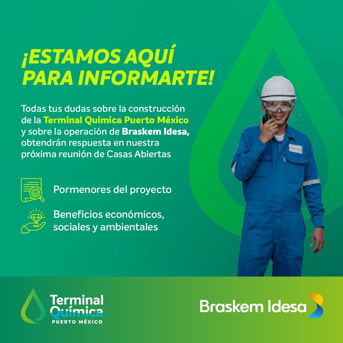 BraskemIdesa's tweet photo. Despeja todas tus dudas sobre la construcción en Coatzacoalcos de la Terminal Química Puerto México, en nuestra próxima reunión de Casas Abiertas. ¡No faltes!
#BraskemIdesa #TQPM #IndustriaPetroquímica #GasEtano #CasasAbiertas https://t.co/xqCmgaJA9q