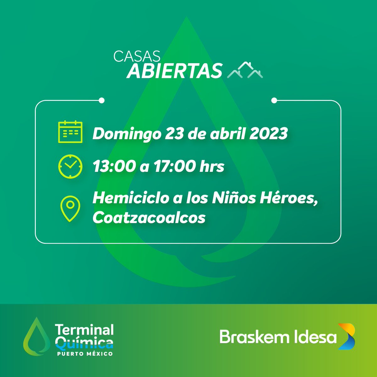 BraskemIdesa's tweet photo. Despeja todas tus dudas sobre la construcción en Coatzacoalcos de la Terminal Química Puerto México, en nuestra próxima reunión de Casas Abiertas. ¡No faltes!
#BraskemIdesa #TQPM #IndustriaPetroquímica #GasEtano #CasasAbiertas https://t.co/xqCmgaJA9q