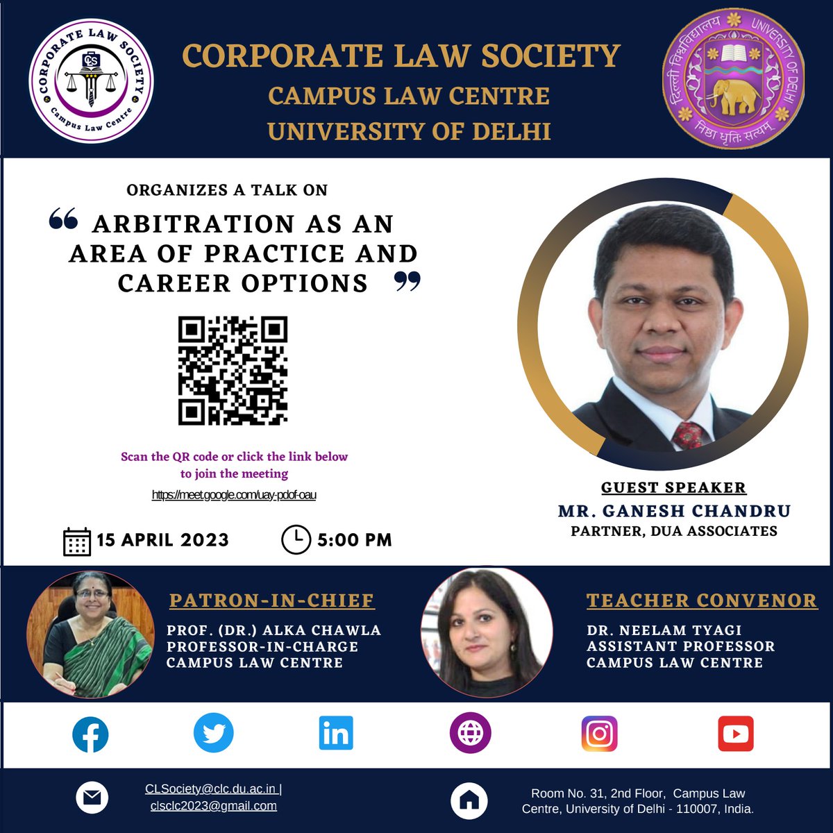 CCLS_CLC's tweet photo. We are pleased to announce that the Corporate Law Society is organizing a talk on 'Arbitration as an area of Practice and Career Option' featuring Mr. Ganesh Chandru, Partner at Dua Associates, as our esteemed guest speaker. The webinar is conducted by CLS and is open to all. https://t.co/is7OJG2cUM