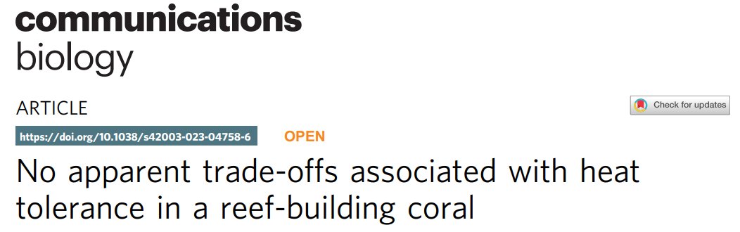 📢New paper in @CommsBio 📢 🪸 Exploring trade-offs between coral heat tolerance and both colony growth + reproductive traits. 🌡️ Implications for adaptation under climate change. 📖Read more: - thread - paper: rdcu.be/c9PMB - blog: tinyurl.com/ycku8k2d (1/n)