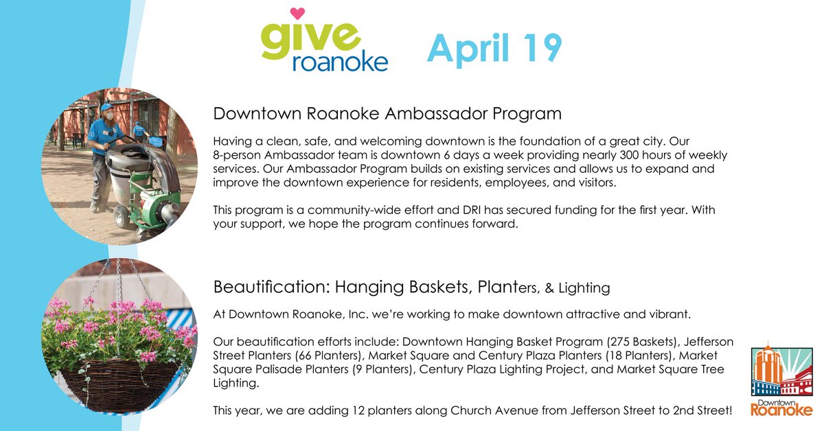 DowntownRoanoke's tweet photo. GIVE Roanoke is Wednesday, April 19th from 12:00am to 11:59pm! This is your chance to give support to organizations that help to make a difference in the Roanoke Valley. (Early giving has already started!)

Learn more about our GIVE Roanoke initiative at https://t.co/SW6wck59ey https://t.co/spYhLLhfM7