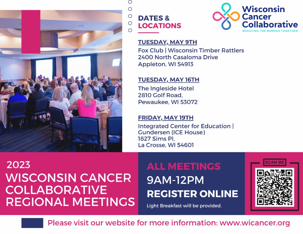 WisconsinCancer's tweet image. We're hitting the road this May and bringing Regional Meetings to a city a near year you! Join us at 1 of 3 locations to connect with others in your community working on all areas of cancer prevention and control. Register today - it's free to attend! wicancer.org/events/regiona…