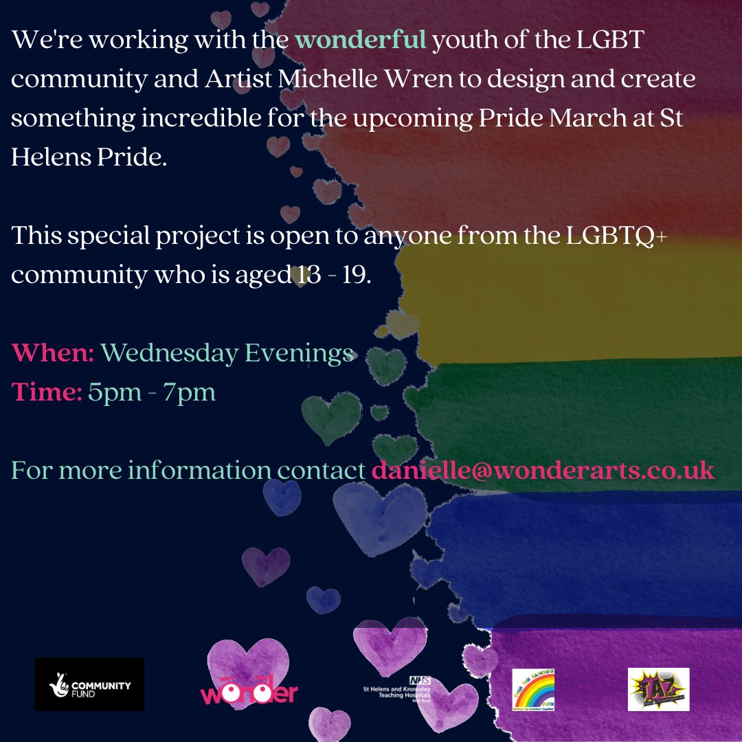 wonderarts_nw's tweet photo. Thanks to @TNLComFund we’re working with young people from the LGBTQ+ community &amp; Artist Michelle Wren to create something WONDERFUL for St Helens Pride. 

This special project is open to anyone from the LGBTQ+ community aged 13-19.

For more info email danielle@wonderarts.co.uk https://t.co/wAceoDImxE