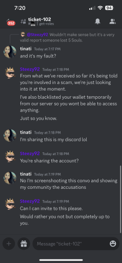 s4fe_i0's tweet photo. @SavedSoulsNFT Why when I report your staff who had 'ADMIN' purple role scam me you guys ban me? You say it's fake but is not the first time this happen. Admins on the server will ignore you if you report someone for scam and ban you. Explain why you admin scam us and claim it's fake? #Scam https://t.co/wI6j77zoKR