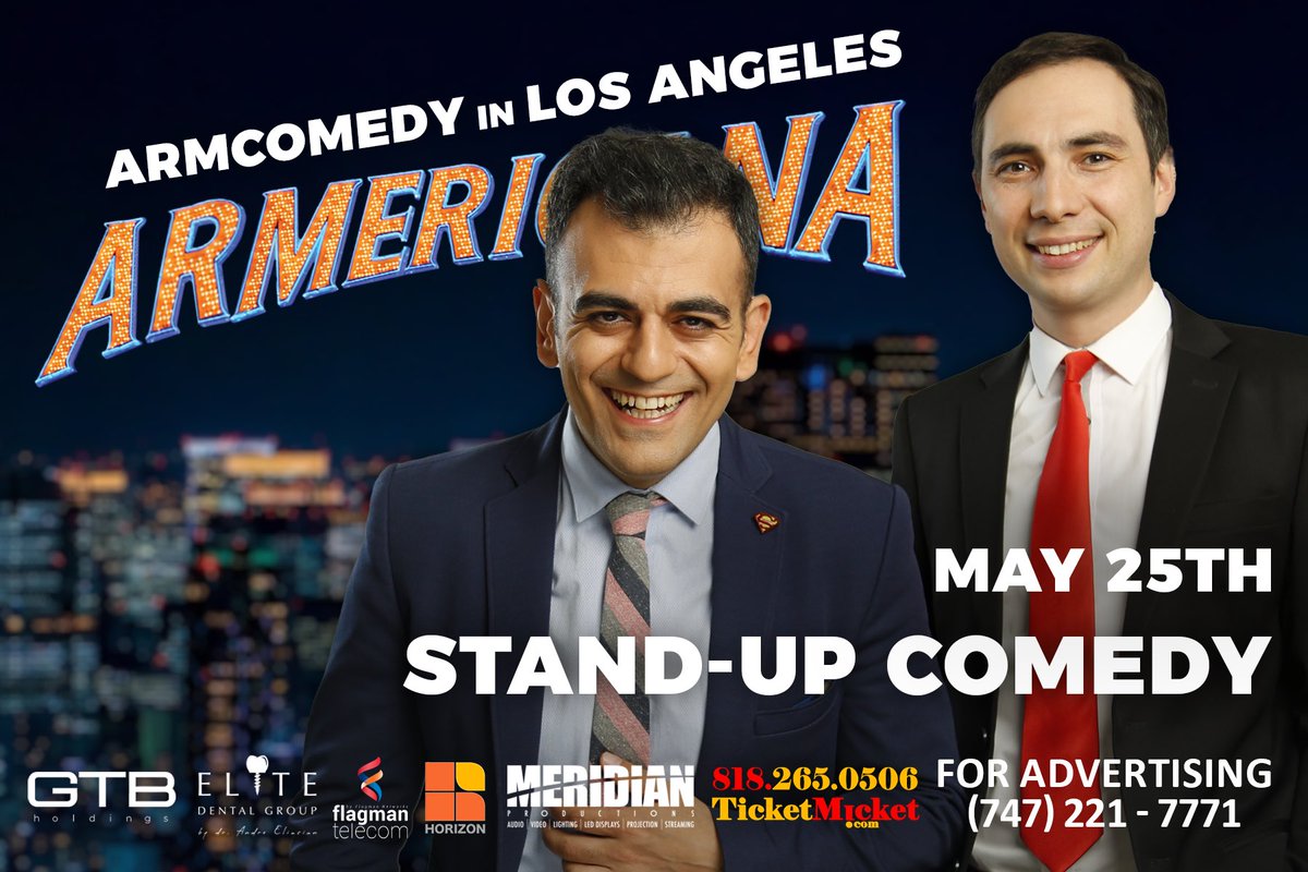 🇺🇸 Սիրելի Լոս Անջելեսի հայեր՝ Մայիսի 25-ին գալիս ենք ձեզ ներկայացնելու մեր նոր, քաղաքական, ձեռագործ, հայկական արտադրության Stand Up-ը: 
🎟️ Տոմսերը ամրագրեք հենց հիմա՝ ticketmicket.com/detail.phtml?e… #armcomedy #armenia #Armenian #yerevan #Glendale