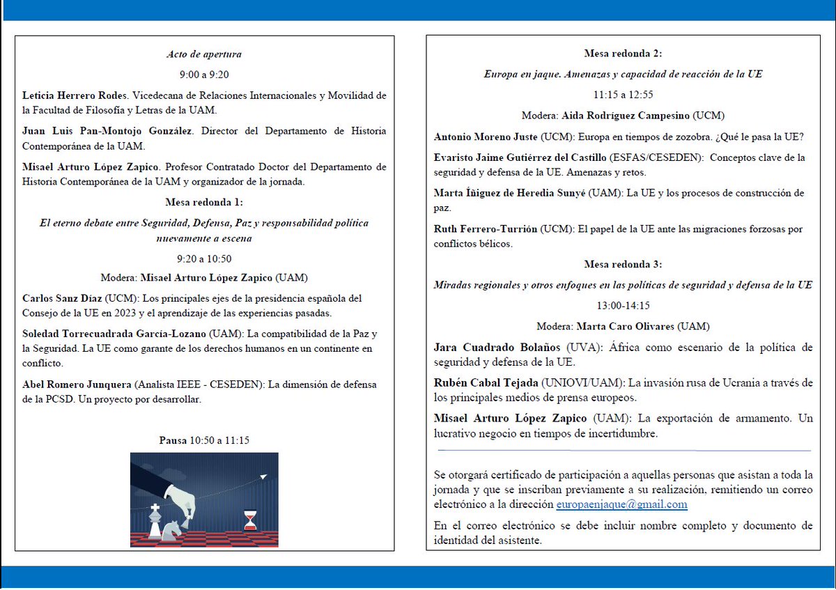 CarlosSanzDiaz's tweet photo. 📢 Jornada universitaria sobre la UE 🇪🇺 "Europa en jaque: las políticas de seguridad y defensa de la UE a debate". 📍UAM - Facultad de Filosofía y Letras 🗓️ 21 abril 2023 ⏰ 9:00-14:15 @FyL_UAM @ComunidadMadrid @_GHistRI @eu2023spain Inscripción gratuita https://t.co/jKSqmTqYw7