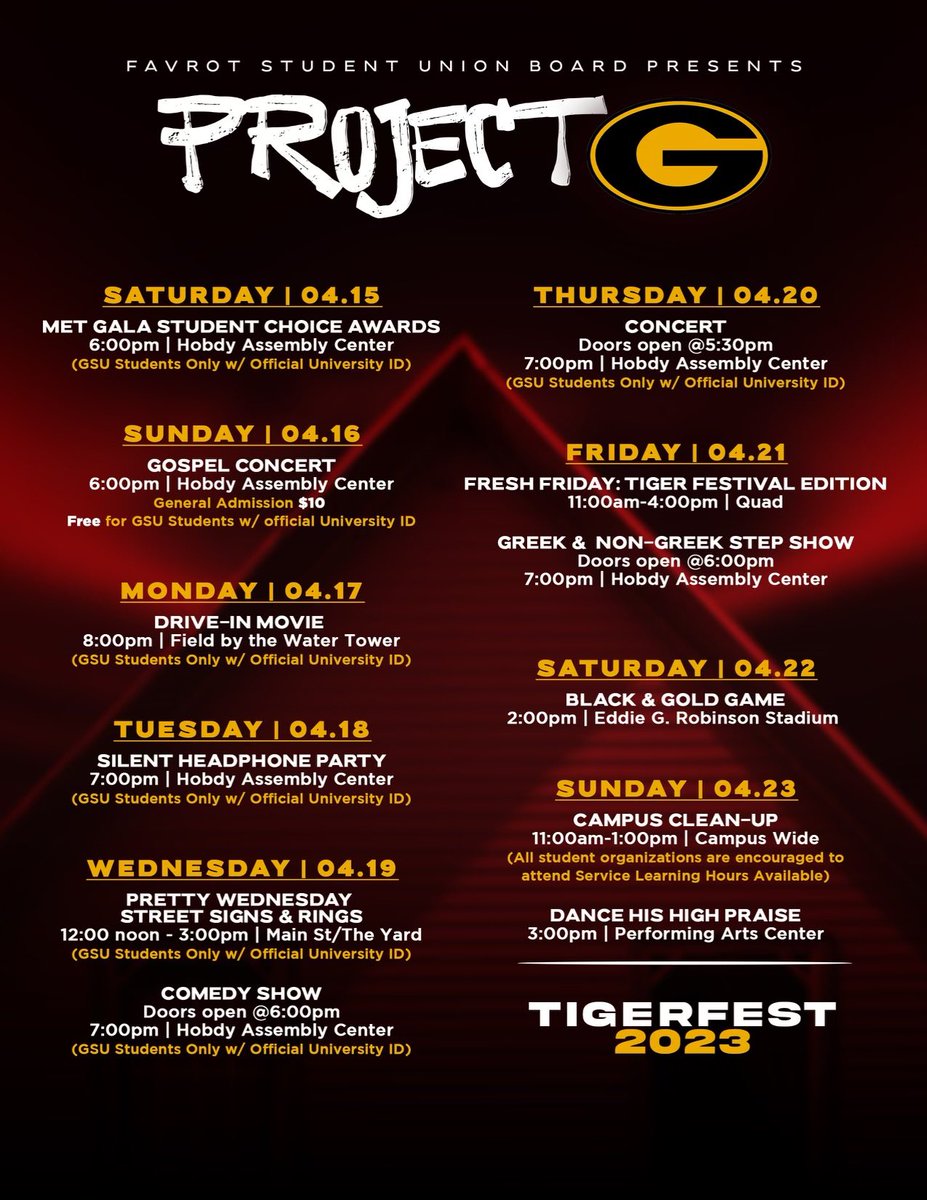#GramFam Are yall ready for Project G?🕺🏾 Here is an overview of #Tigerfest2023 from April 15th-April 22nd 🐯