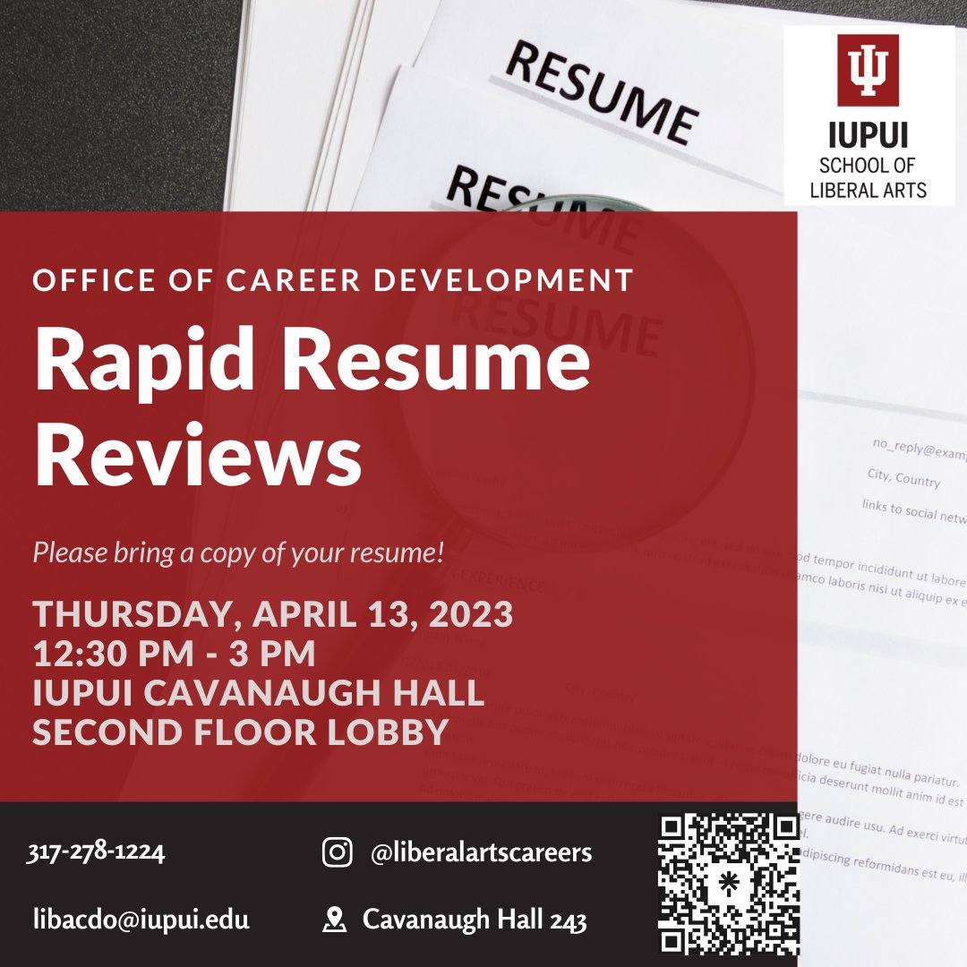 Bring a copy of your resume and get it spruced up for spring. We're doing Rapid Resume Reviews from 12:30-3pm in Cavanaugh Hall 2nd floor Lobby. See you there!

#RapidResumeReviews #Resume #CareerDevelopment #CareerCoach #Careers #Liberalarscareers #IUPUI #LiberalArts #Jobseekers