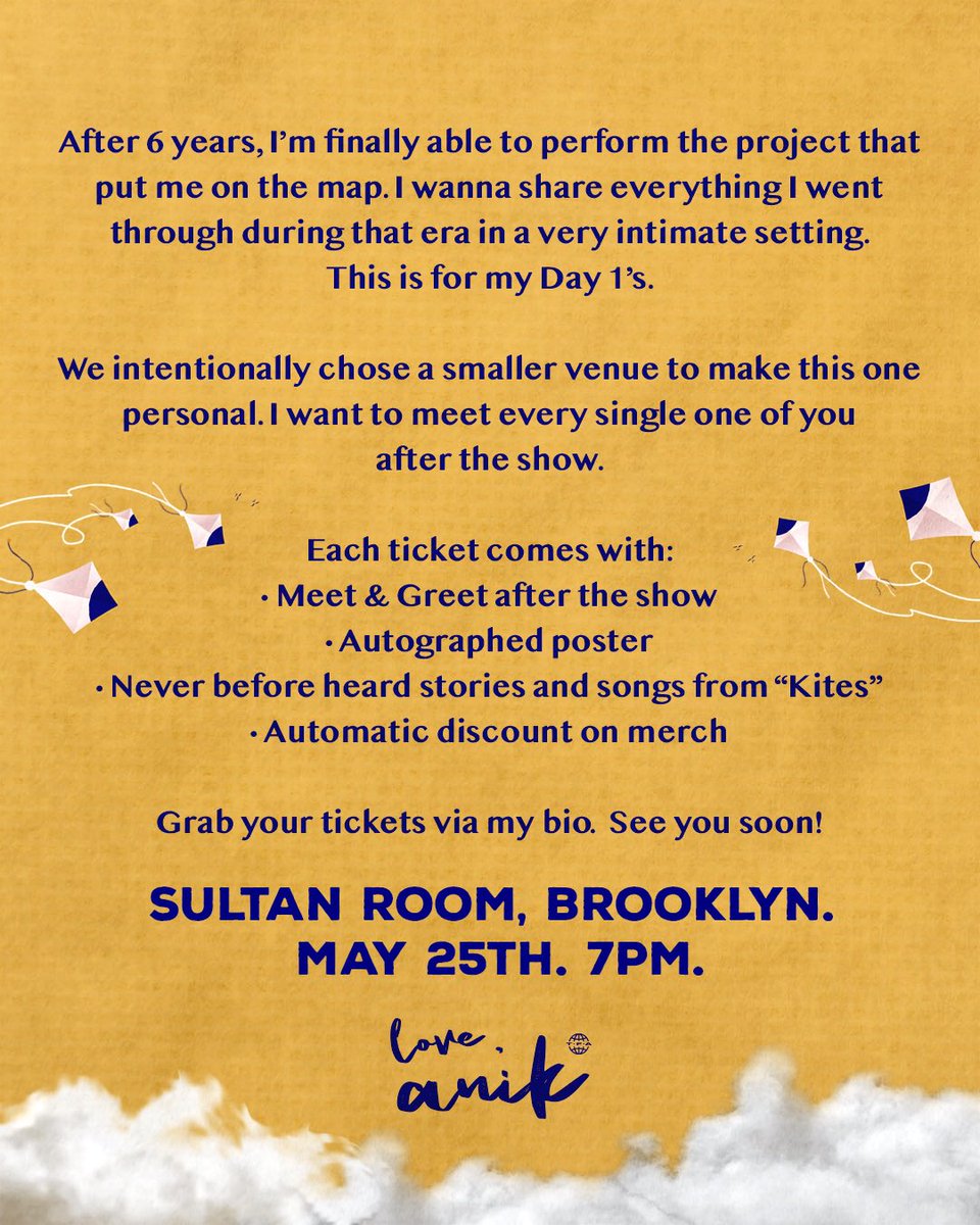 anikkhan's tweet photo. I’m finally able to perform the project that put me on the map. This is for my Day 1s. 

We intentionally chose a smaller venue to make this one personal. I want to meet every single one of you after the show!

Grab your tickets here: https://t.co/apAmX1KJev https://t.co/SX1ziKtn0W