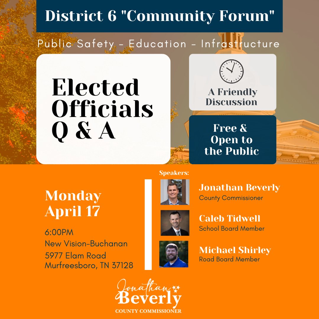 Wonder about public safety, schools, and roads? Want to learn more about local #government? I am proud to lead the District 6 'Community Forum' on 4/17/23 at 6PM at New Vision #Buchanan.

#RutherfordCounty #TN #Christiana #Murfreesboro #PublicSafety #Education #Roads