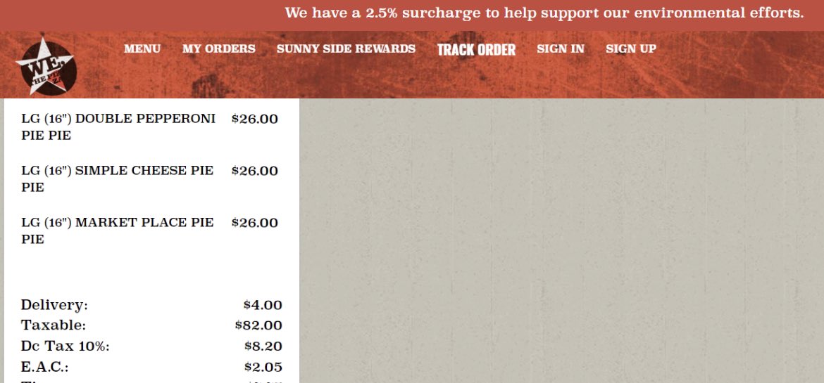 themozzking's tweet photo. “We have a 2.5% surcharge to help support our environmental efforts.” Is the pizza place planting trees? 🤣 @DavidBrody @SkeeryJones @TheBrooklynBoys https://t.co/yniL24SF1a