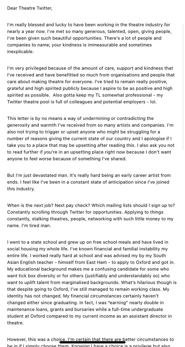 neetusinghbains's tweet photo. Dear Theatre Twitter,

A really honest and letter about my (near) first year in theatre.

I’m blessed and grateful and just trying to be honest. 

If you may be triggered by despair and/or financial instability,  please don’t read attached letter.  

Sincerely,
Neetu https://t.co/5UYSoiJSLU
