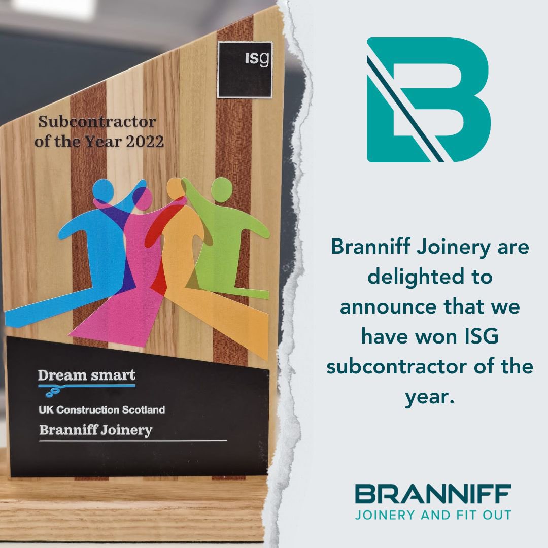 BranniffJoinery's tweet photo. Delighted to have been awarded Subcontractor of the year at the recent ISG awards. We have recently completed a number of distilleries throughout Scotland and it’s islands, including the award winning Glenkinchie Distillery for ISG. We look forward to future projects. https://t.co/xNvP1K3NNY