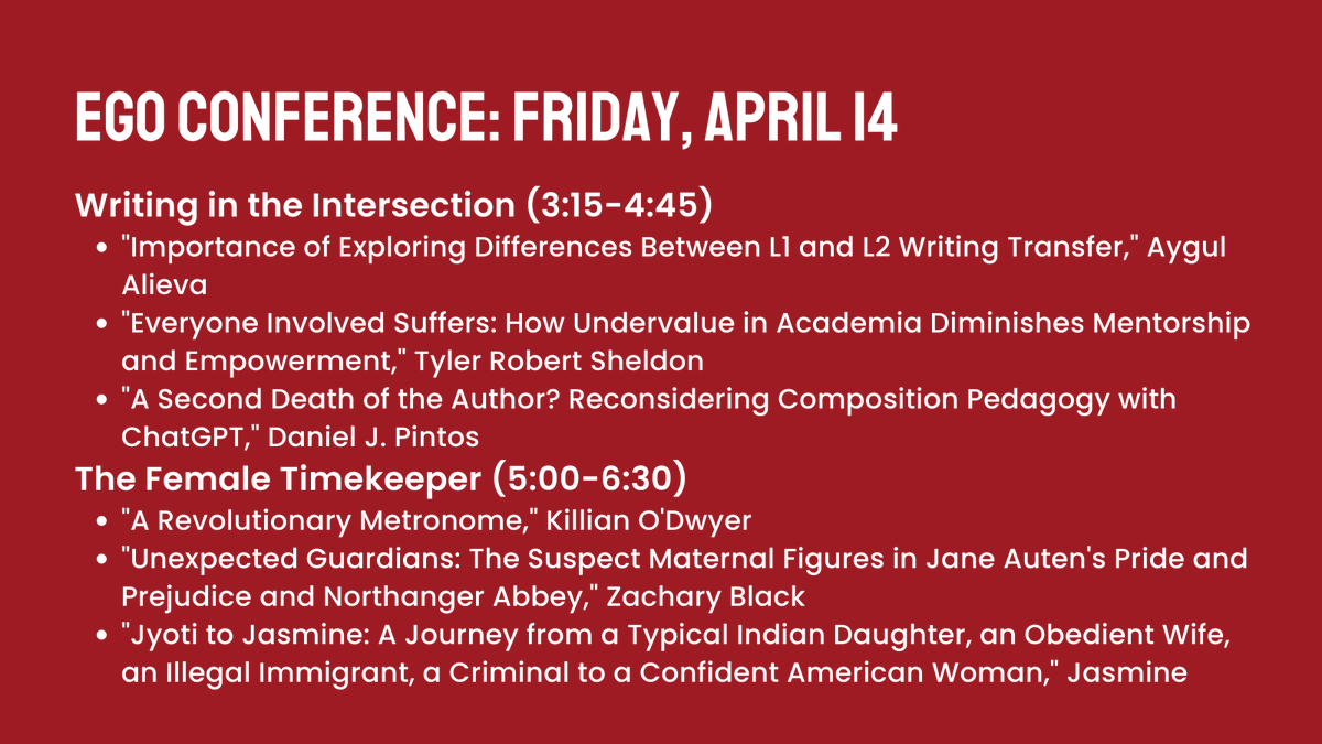 IUPLitCrit's tweet photo. 👀Tomorrow is the first day of the English Graduate Organization’s Spring 2023 Conference!
📝Check out the panel information for Friday!
✅To view the entire schedule, visit: https://t.co/RDfr0oiiFV
#iuplitcritgradego #iupgradego #conference #englishconference #englishphd https://t.co/G7Q45QviZy