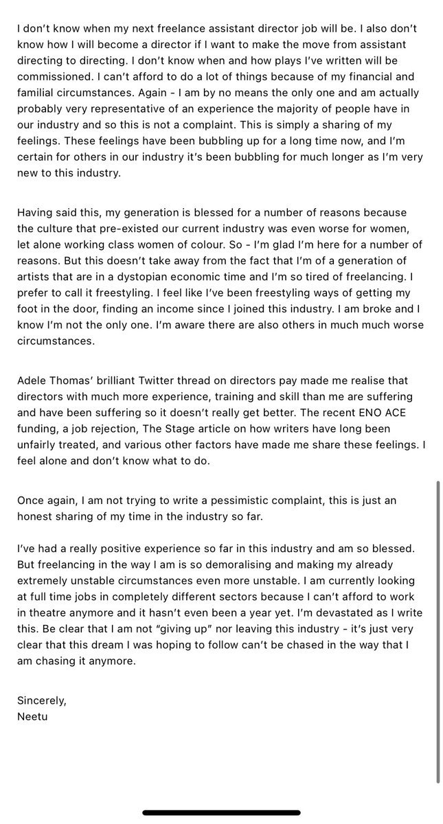 Dear Theatre Twitter,

A really honest and letter about my (near) first year in theatre.

I’m blessed and grateful and just trying to be honest. 

If you may be triggered by despair and/or financial instability,  please don’t read attached letter.  

Sincerely,
Neetu