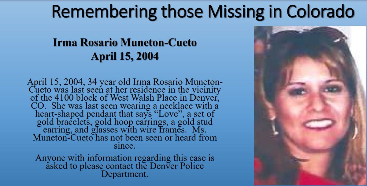 CBI_Colorado's tweet photo. It has been 19 years since Irma Rosario Muneton-Cueto was last seen April 15, 2004 in Denver. If you know anything about her whereabouts, please call Denver Police. #missingincolorado https://t.co/H6rjP65cCZ
