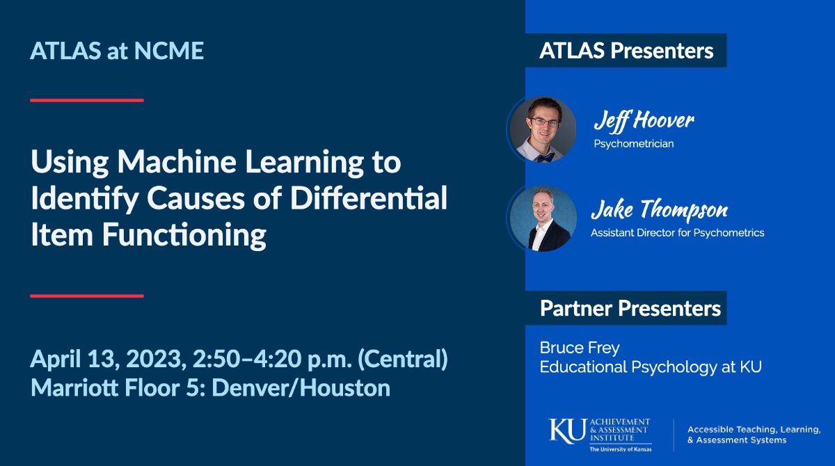 atlas4learning's tweet photo. If you're in the Marriott for #NCME23 this afternoon, grab a seat and learn how @JeffreyCHoover and @wjakethompson use machine learning to identify causes of differential item functioning.

#AERA23 https://t.co/puzAjDAf1S