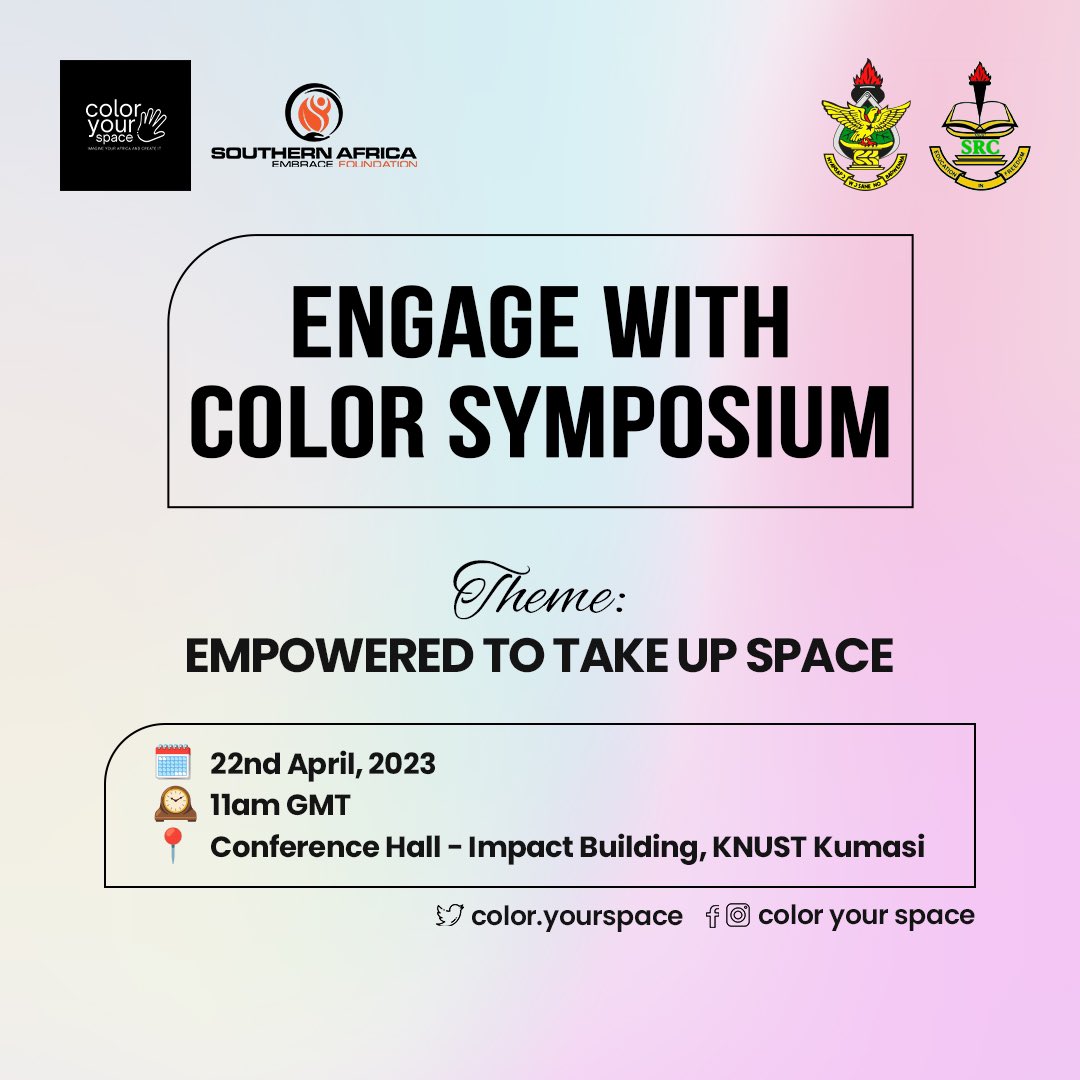 Fellow Catalysts 👋🏽👋🏽

It is our pleasure to invite you to the Inaugural ⬇️
 “Engage With Color Symposium” scheduled to be held on Saturday 22nd April, 2023 at the Impact Building Conference Hall, KNUST; Kumasi, Ghana at 11am GMT.

Register to join us: shorturl.at/fBMX1