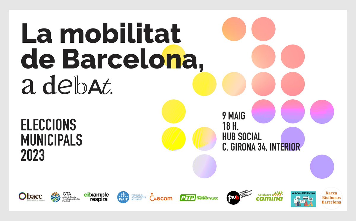 bicibusbcn's tweet photo. 📢 Entitats veïnals i socials organitzen el #DebatElectoral clau per al futur de la #MobilitatBarcelona. 

🗓️ 9 maig  🕐 18-20h
📍 @hubsocialbcn

Modera @clarablanchar.
✍ Inscripcions: https://t.co/qblWuon1Bq

#XarxaBicibus @transportpublic #DebatMobilitatBCN #Municipals2023 https://t.co/VnlvX8uFYO