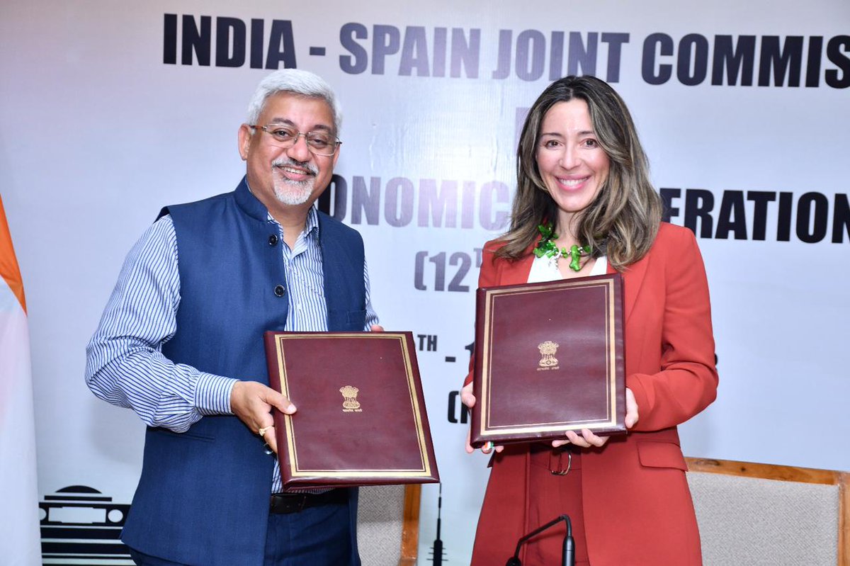 DoC_GoI's tweet photo. Commerce Secretary Mr. Sunil Barthwal and @se_comercio, Ms. Xiana Mendez, Secretary of State for Trade co-chaired the 12th edition of India Spain JCEC. (1/2) https://t.co/jjIt0Wmjbh