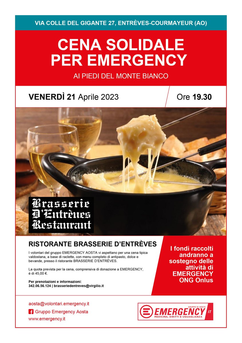GruppoEmrVda's tweet photo. Venerdì 21 aprile dalle h 19.30, presso il ristorante Brasserie d’Entrèves, in Via Colle del Gigante 27, ad Entrèves-Courmayeur (AO).La quota prevista per la cena, comprensiva di donazione ad #EMERGENCY, è di 45€. Info: 3420656124 brasseriedentreves@virgilio.it https://t.co/Fwob2JZoBi