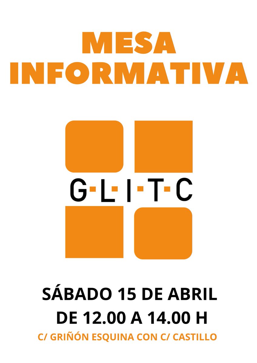 GLITC's tweet photo. ⚠️ Mesa Informativa GLITC. El próximo sábado 15 de abril, de 12.00 a 14.00 h, puedes conocer nuestro proyecto político en la 📍 C/Griñón esquina con C/Castillo (junto a la pastelería La Bamba y el Rincón de Carlos). 
¡Te esperamos!
#glitc #torrejondelacalzada #recuperemostorrejon https://t.co/lGDgBSubXQ