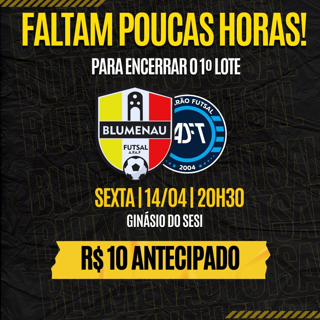 blumenaufutsal's tweet photo. Faltam poucas horas para encerrar o primeiro lote da venda de ingressos para Blumenau Futsal e Tubarão, partida que marca a estreia do Esquadrão Alemão no Campeonato Catarinense. 

Se você ainda não comprou o seu ingresso, não perca tempo! BORA TORCEDOR! 👊🏻 https://t.co/TnRaRKb7Ba
