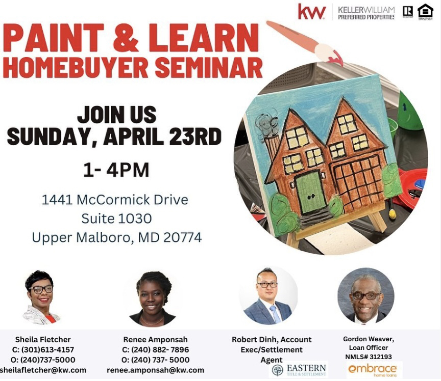 EasternTitle's tweet photo. Create the vision while having fun gaining knowledge on the homebuying process! Come attend this free ‘Paint and Learn’ Homebuyer Seminar Sunday, April 23rd. Event link in comments! 🎨🖌️✨
#easterntitle #firsttimehomebuyers #homebuyers #realestateadvice #realestate #seminar https://t.co/bjKOenVrfa