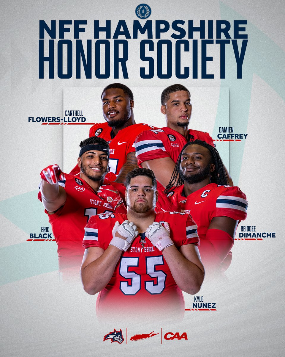 StonyBrookFB's tweet photo. 𝗡𝗙𝗙 𝗛𝗔𝗠𝗣𝗦𝗛𝗜𝗥𝗘 𝗛𝗢𝗡𝗢𝗥 𝗦𝗢𝗖𝗜𝗘𝗧𝗬

We are so proud of our 5⃣ guys who were named to the prestigious @NFFNetwork Hampshire Honor Society 👏

Details: https://t.co/50Au5R8NgZ

🌊🐺 x #HOWL https://t.co/RSuknlPVLg