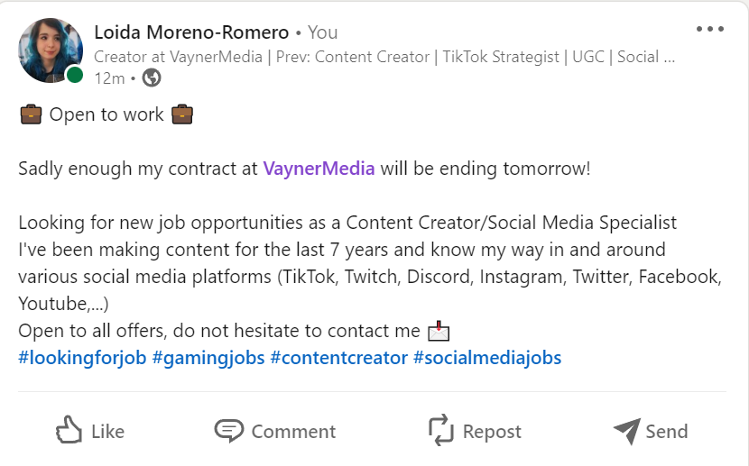 Looking for job opportunities as a Content Creator/Social Media Specialist
7 years experience &amp; know my way on various platforms (TikTok, Twitch, Discord, Instagram, Twitter, Facebook, YouTube)
DM's are open 📩
#lookingforjob #gamingjobs #contentcreatorjobs #socialmediajobs