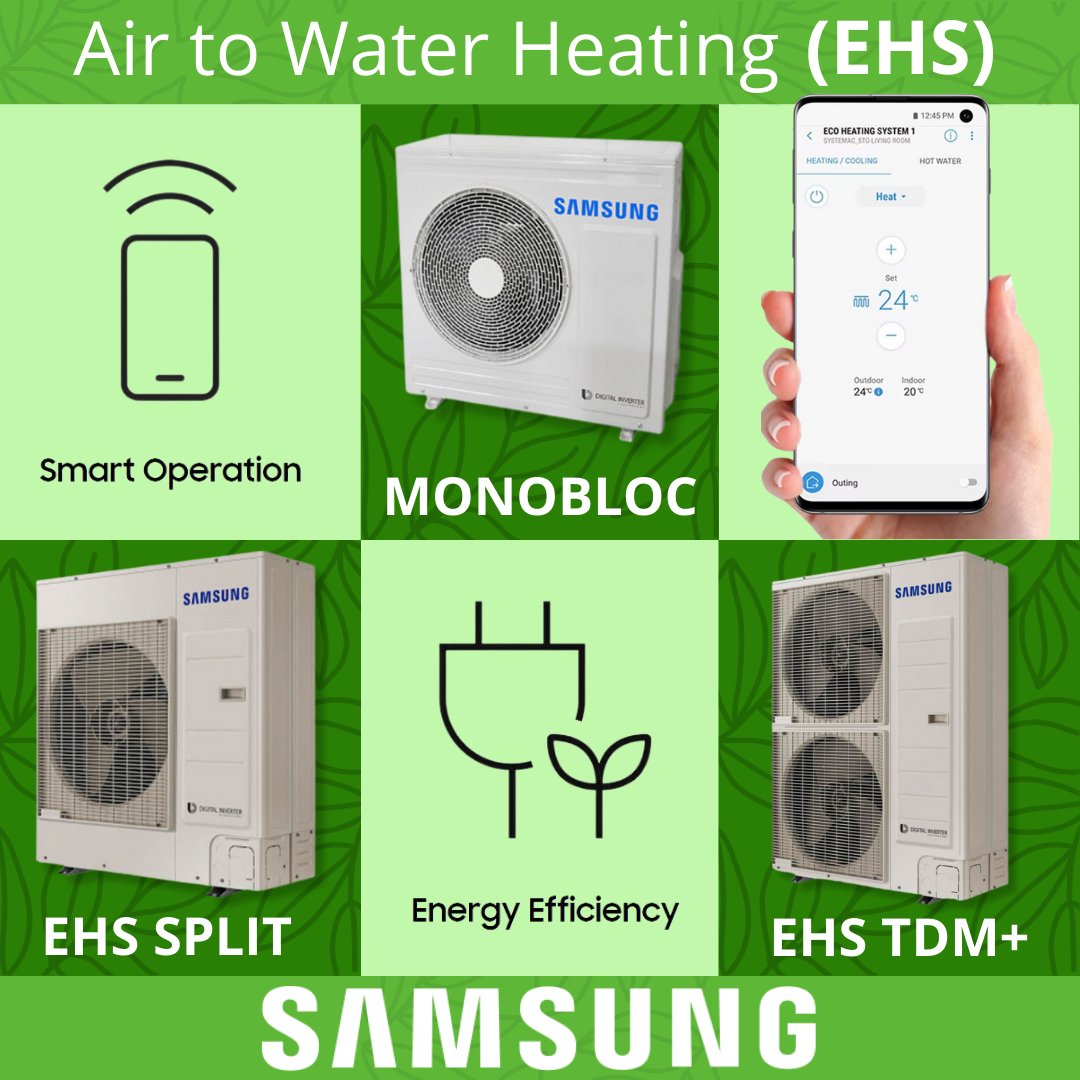 coolstop's tweet photo. Have a look at the full range of SAMSUNG EHS Heat Pumps. They have everything from Monoblocs to Split systems that not only heat but cool too!
Energy efficient and kinder to the environment. 

#heatpump #heating #energyefficiency #future https://t.co/x9tsef1l4Z