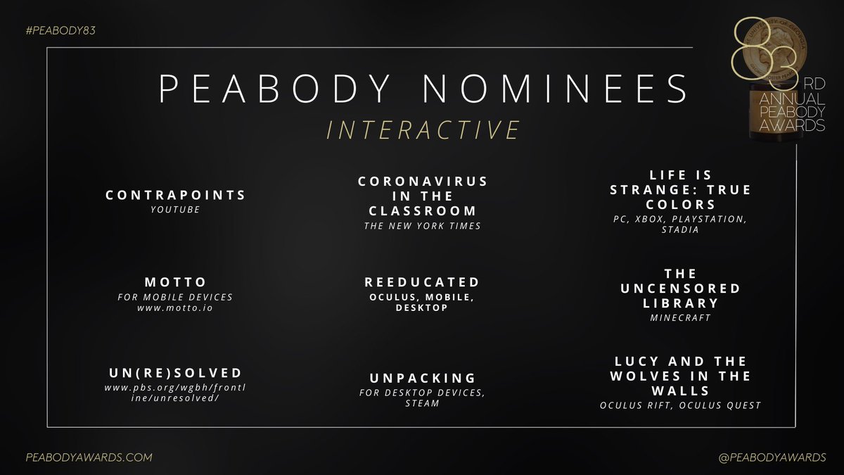 💡 2022 certainly delivered many diverse, interdisciplinary forms of meaningful storytelling. For the FIRST TIME in #PeabodyAwards history, here are the nominees for Interactive Media! 🏆 ➡️ bit.ly/PeabodyNominees #Peabody83 #StoriesThatMatter #InteractiveStorytelling